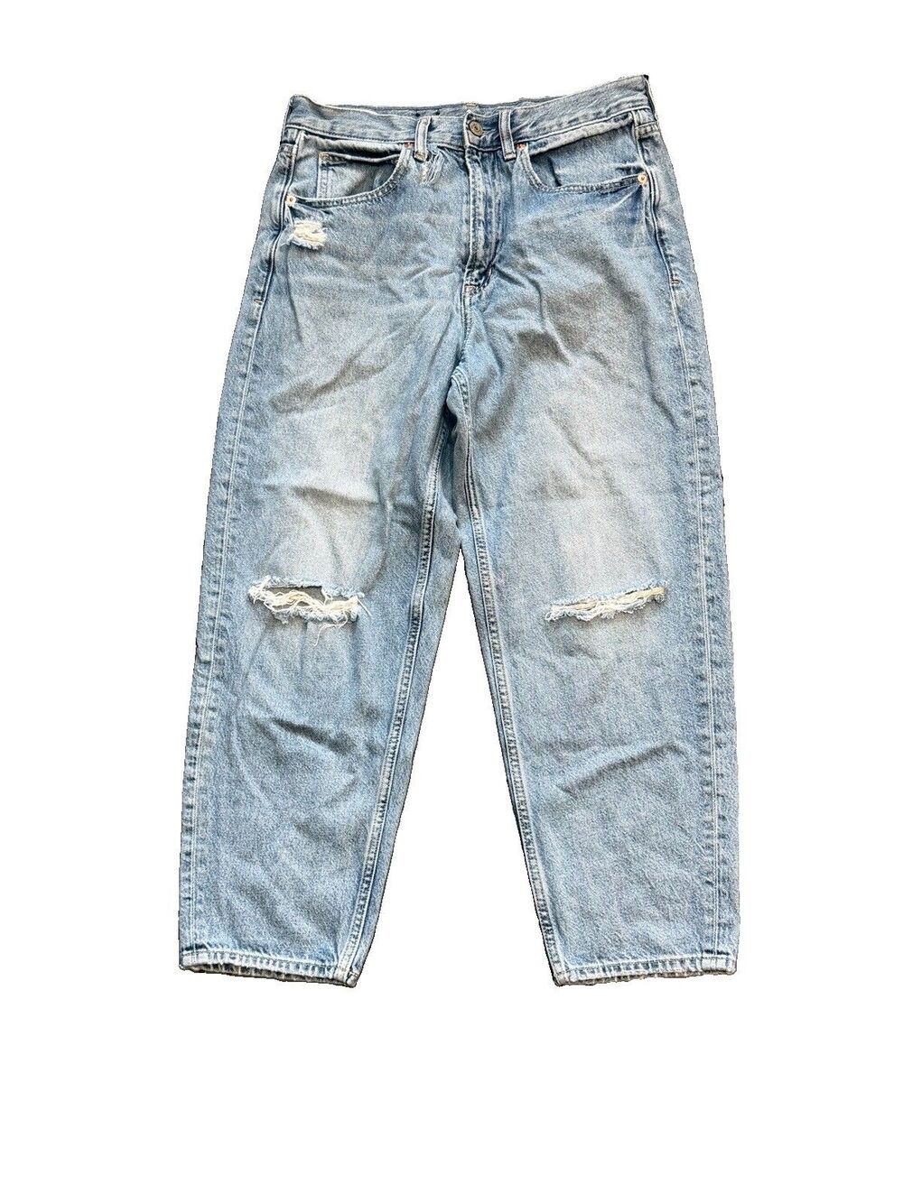 Gap Women's Barrel Leg High Rise Size 28/6R Blue Denim Jeans Distressed